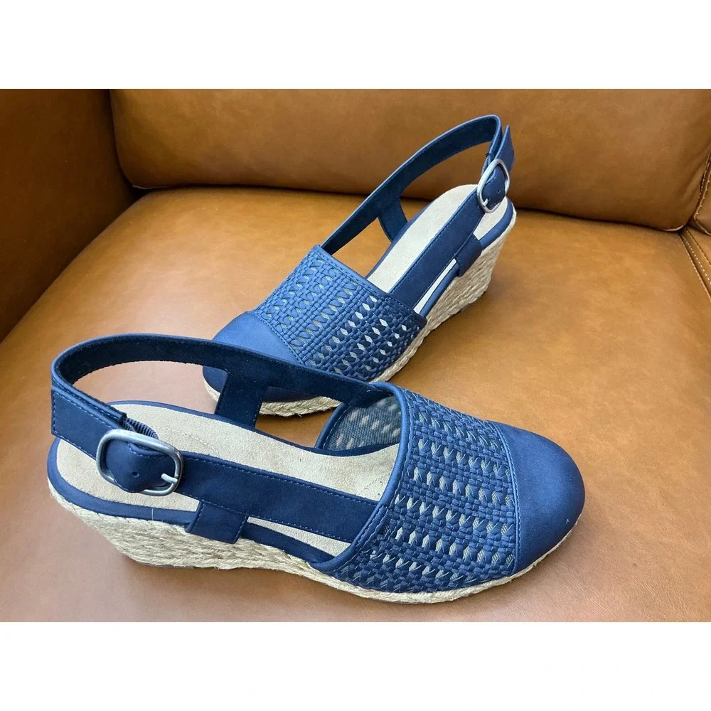 Easy Street Taffy Wedge Sandals Womens 8 Navy Excellent Woven Espadrille